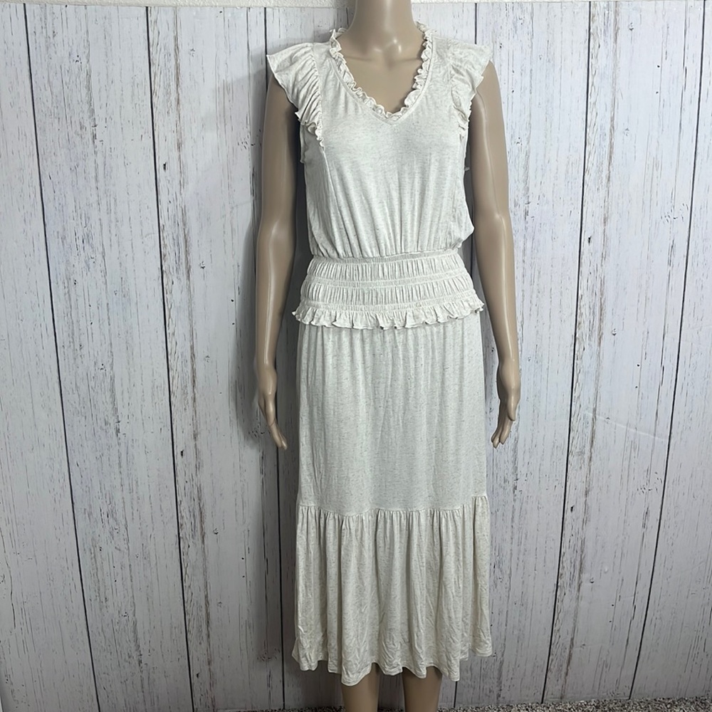 NWT Ava James Maxi Dress Fit & Flare Tan Flecked T Shirt Feel Ruffle Sleeves